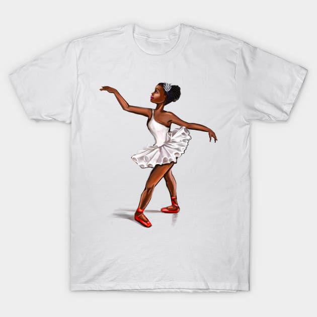 Ballet in red shoes - ballerina doing pirouette in white tutu and red shoes  - brown skin ballerina T-Shirt by Artonmytee